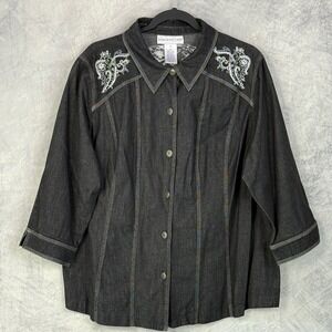Susan Graver Womens Dark Wash Denim Embroidered Button Down Shirt sz 1X western